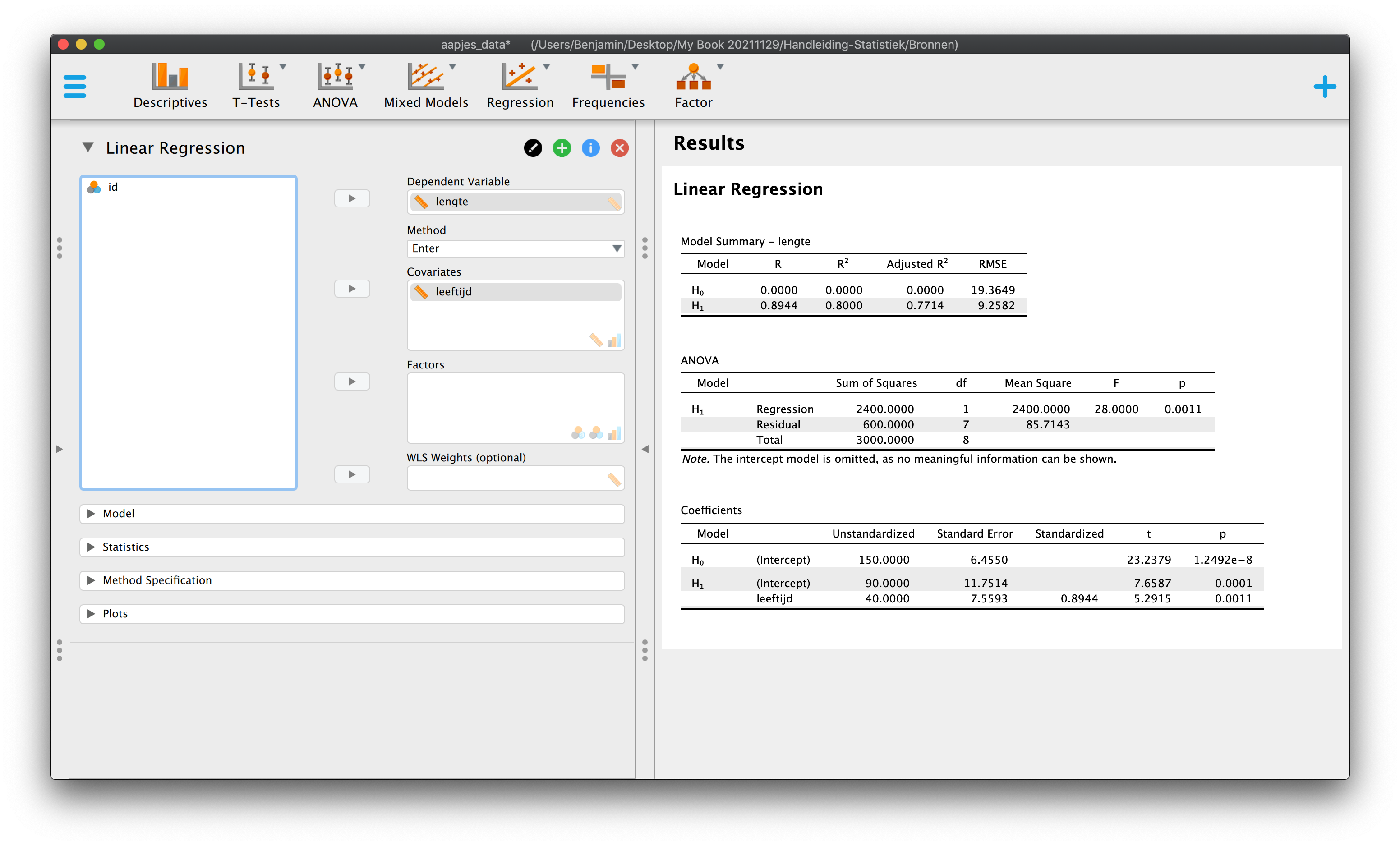 Jasp scherm enkelvoudige lineare regressie output
